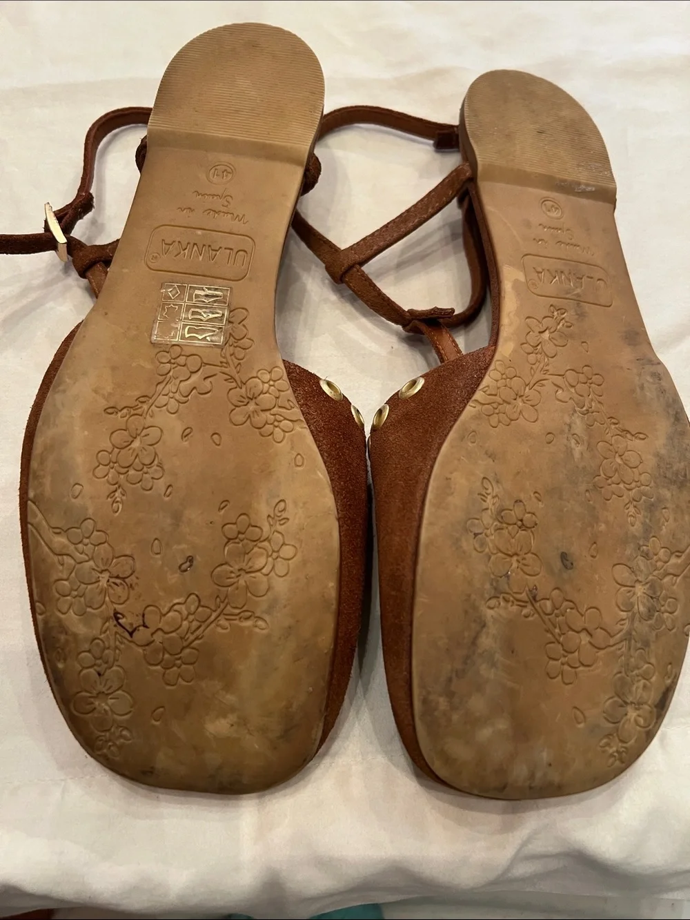 Ulanka barefoot Brown Suede T-Strap Flats with Gold Eyelets